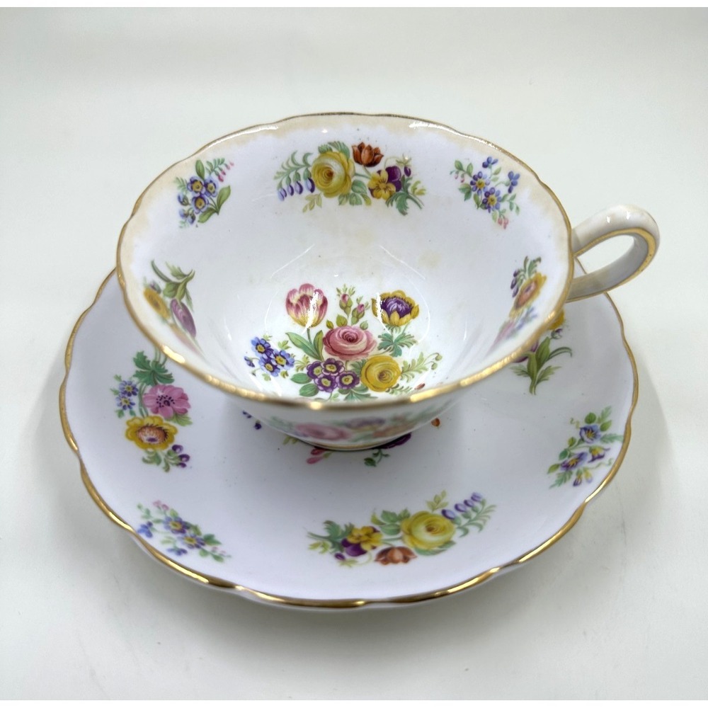 Vintage Crown Staffordshire Floral Tea Cup & Saucer Set England Bone China